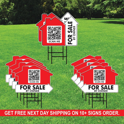 10 Pack Custom for Sale by Owner Arrow Yard Sign 18" x 24", 2 Sided QR CODE Real Estate, Personalized Directional Signs with Metal H-Stake