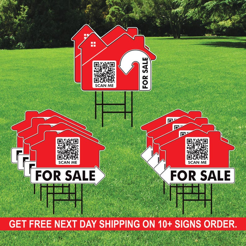 10 Pack Custom for Sale Arrow Yard Sign 18" x 24", 2 Sided QR CODE Real Estate, Personalized For Sale Directional Signs with Metal H-Stake