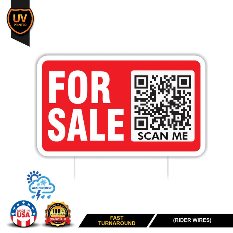 Custom For Sale Yard Sign 14" x 8", 2 Sided QR CODE Real Estate Lawn Sign Personalized For Sale By Owner Realtor Signs with Metal Stakes