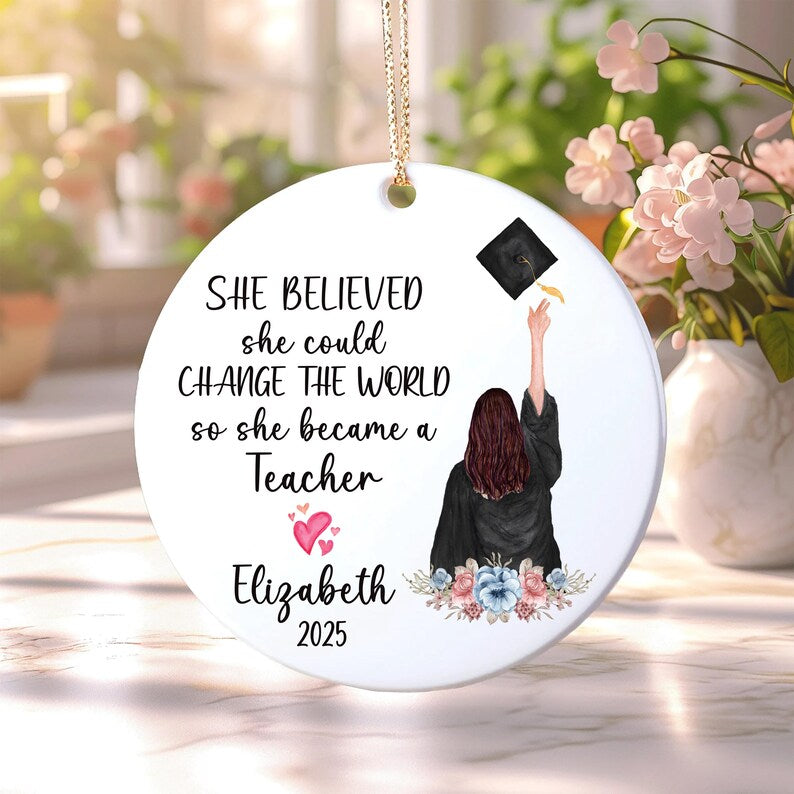 Personalized Teacher Graduation Ornament, Custom Ceramic Keepsake, Education Grad Gift for Her, Daughter, Sister, Best Friend, 2025 Ornament