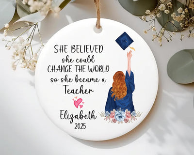 Personalized Teacher Graduation Ornament, Custom Ceramic Keepsake, Education Grad Gift for Her, Daughter, Sister, Best Friend, 2025 Ornament