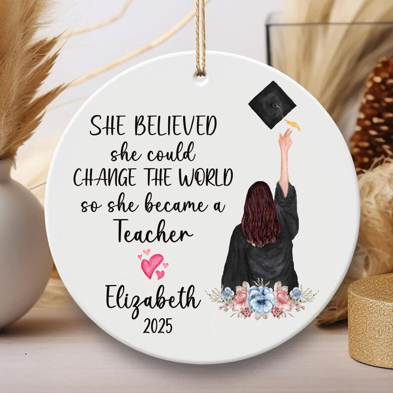 Personalized Teacher Graduation Ornament, Custom Ceramic Keepsake, Education Grad Gift for Her, Daughter, Sister, Best Friend, 2025 Ornament