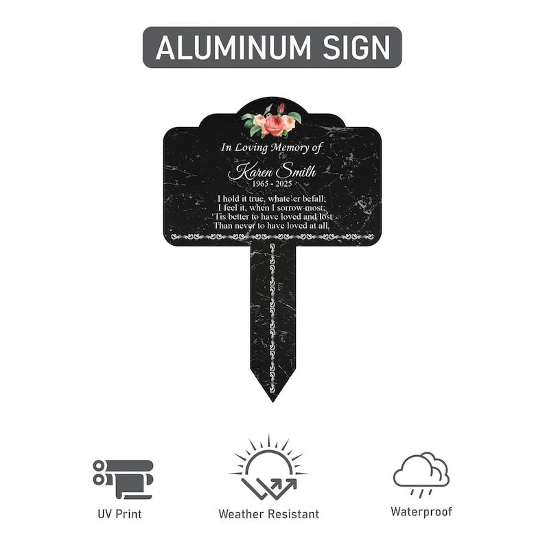 Personalized In Loving Memory Floral Memorial Yard Sign 10” x 14”, Rust-free Aluminum Tree Marker, Outdoor Garden Sign with Integrated Stake