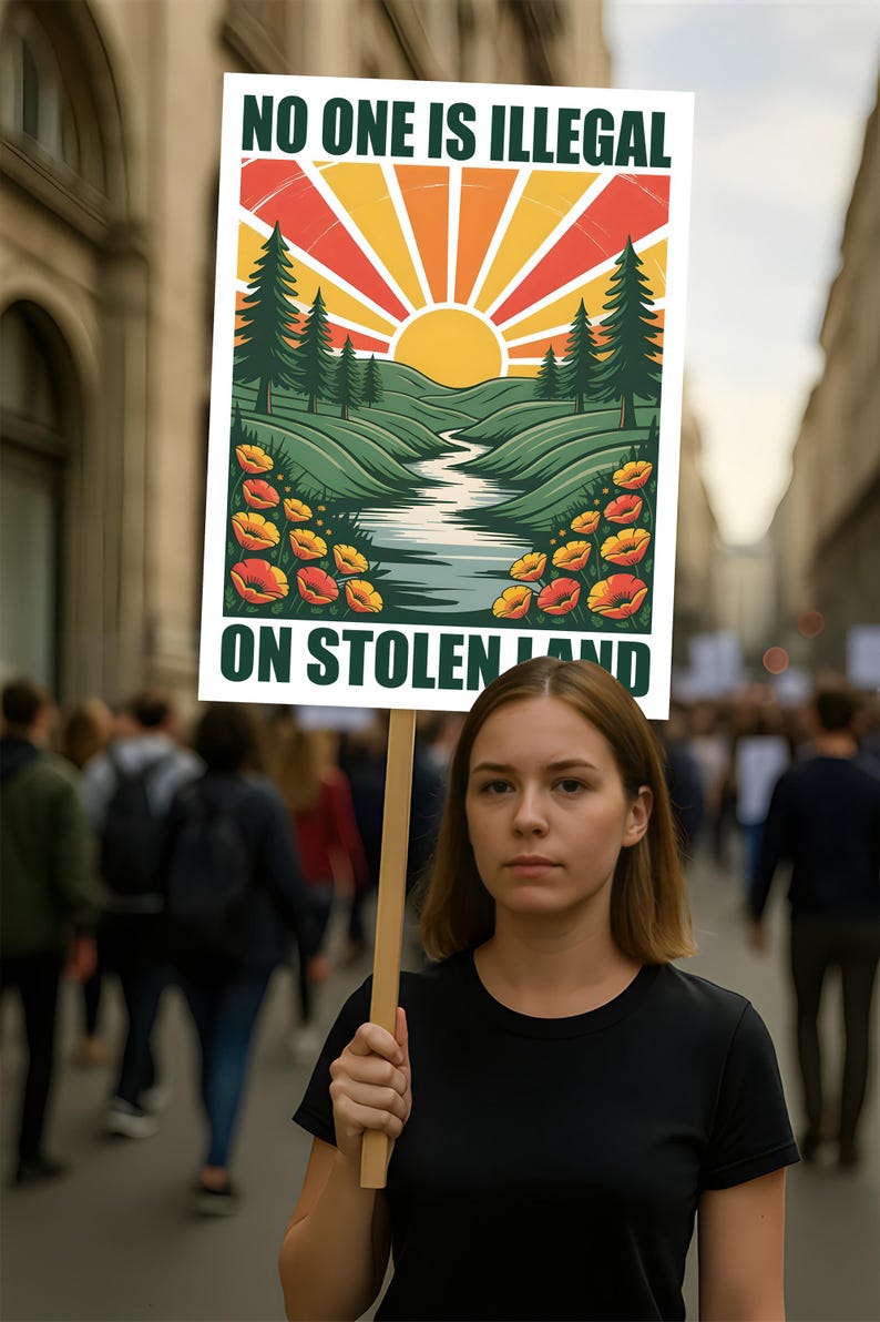 No One Is Illegal On Stolen Land Protest Sign, Anti-Trump Resistance, Political Activist Poster, Rally Sign, Resist Fascism Protest Poster