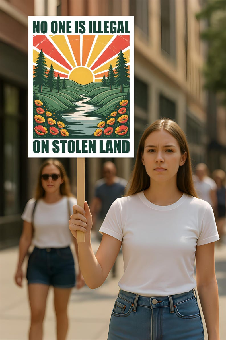 No One Is Illegal On Stolen Land Protest Sign, Anti-Trump Resistance, Political Activist Poster, Rally Sign, Resist Fascism Protest Poster