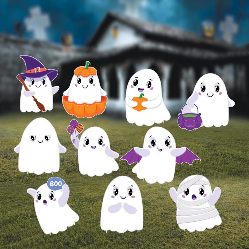 Ghost Halloween Yard Signs, Corrugated Plastic Scary Lawn Decorations with Stakes, Outdoor Spooky Ghost Signs for Halloween Front Yard Decor