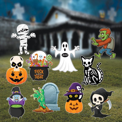Halloween Yard Signs, Pumpkin Skeleton Ghost Lawn Decor, Cute Outdoor Trick or Treat Corrugated Cutouts with Stakes for Halloween Display