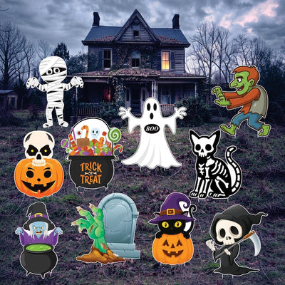 Halloween Yard Signs, Pumpkin Skeleton Ghost Lawn Decor, Cute Outdoor Trick or Treat Corrugated Cutouts with Stakes for Halloween Display