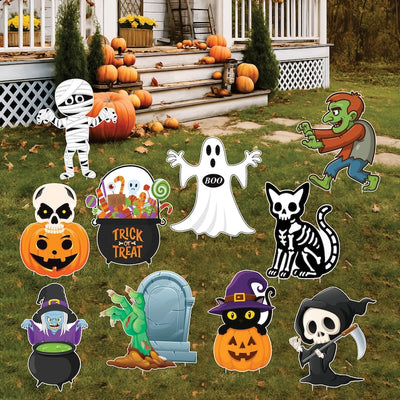 Halloween Yard Signs, Pumpkin Skeleton Ghost Lawn Decor, Cute Outdoor Trick or Treat Corrugated Cutouts with Stakes for Halloween Display