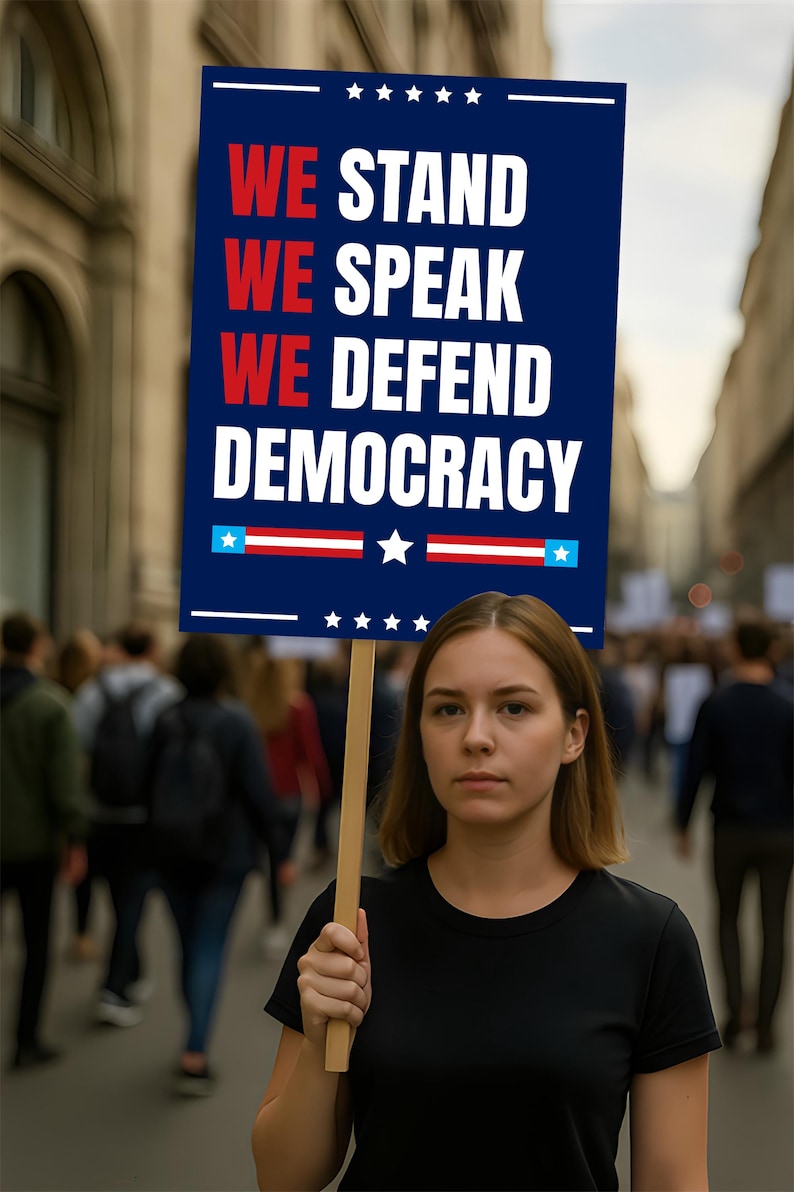 We Stand. We Speak. We Defend Democracy Protest Sign, Anti-Trump, Political Activist Poster, Resist Fascism, Resist Rascism Rally Sign