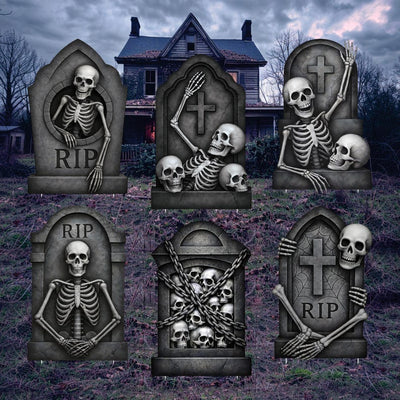 Graveyard Tombstone Yard Signs, Large Halloween Skeleton Skull Lawn Decorations with Stakes, Outdoor Scary Headstones for Home or Garden