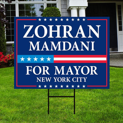 Zohran Mamdani For New York City Mayor 2025 Election Yard Sign, Corrugated Plastic Election Race Red White & Blue Sign with Metal H-Stake