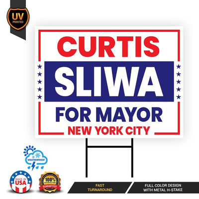 Curtis Sliwa For New York City Mayor 2025 Election Yard Sign, Corrugated Plastic Election Race Red White & Blue Sign with Metal H-Stake