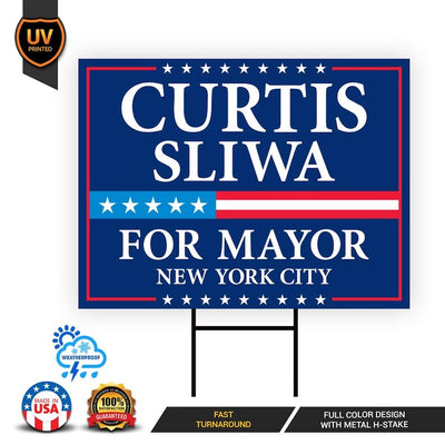 Curtis Sliwa For New York City Mayor 2025 Election Yard Sign, Corrugated Plastic Election Race Red White & Blue Sign with Metal H-Stake