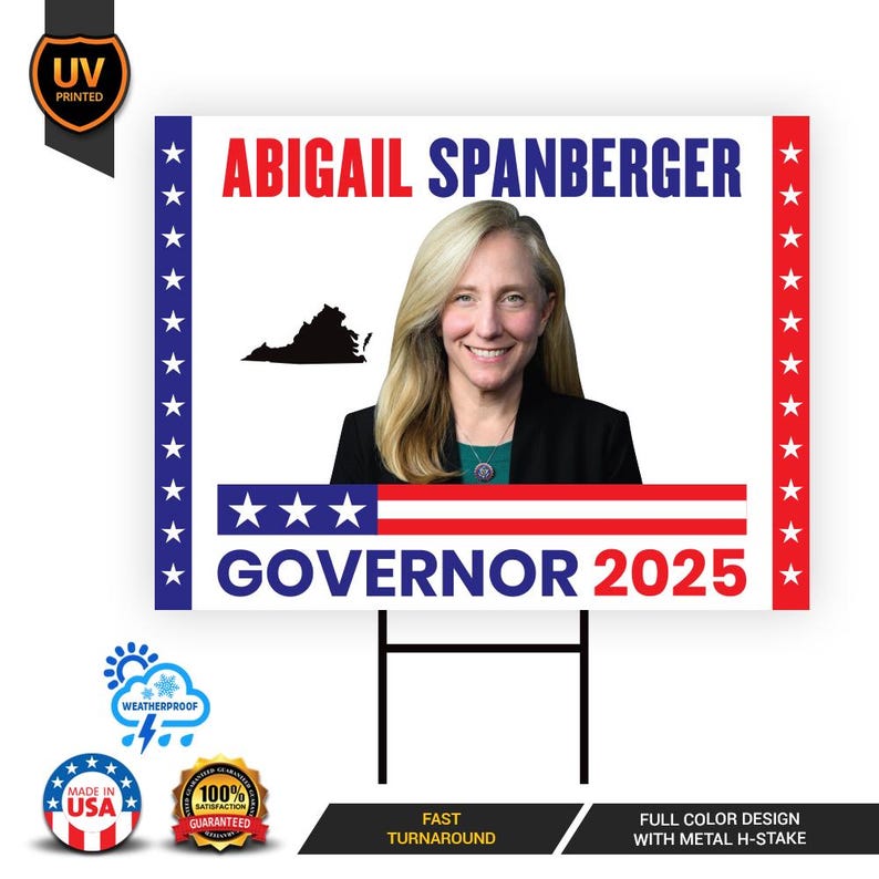 Abigail Spanberger For Virginia Governor 2025 Yard Sign, Corrugated Plastic Governor Elections Race Red White & Blue Sign with Metal H-Stake
