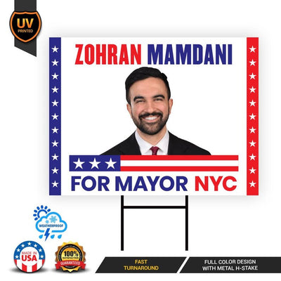 Zohran Mamdani For New York City Mayor 2025 Election Yard Sign, Corrugated Plastic Election Race Red White & Blue Sign with Metal H-Stake