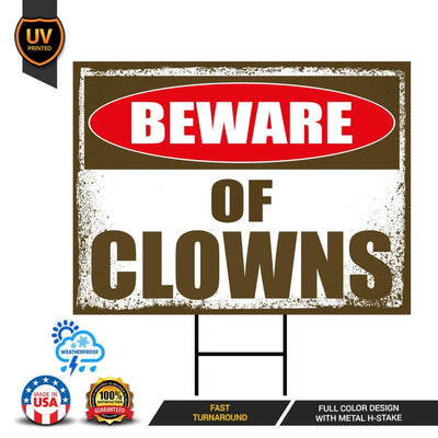 Beware of Clowns Yard Sign, Keep Out Halloween Lawn Decoration, Scary Spooky Outdoor Decor, Creepy Circus Warning Sign with Metal H-Stake
