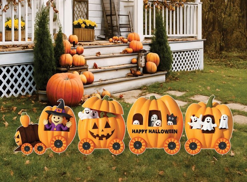 Pumpkin Train Halloween Yard Signs, Fall Witch Skeleton Mummy Lawn Stakes, Outdoor Happy Harvest Thanksgiving Decorations for Garden or Lawn