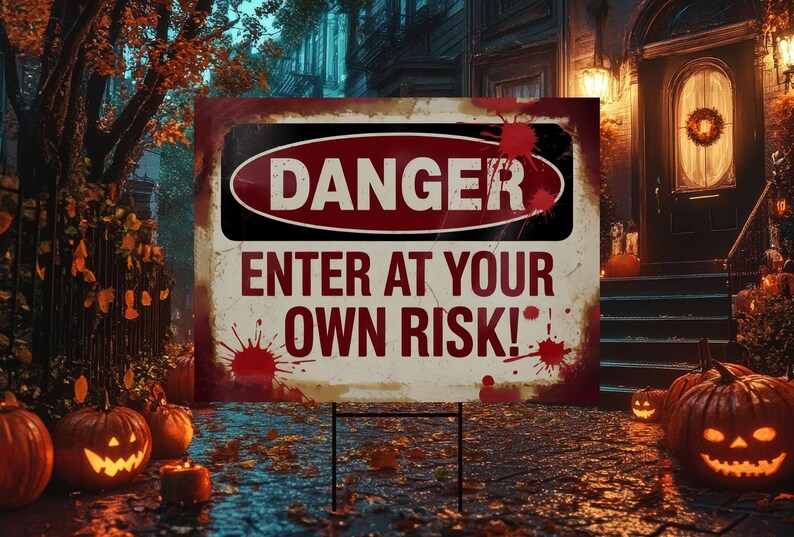Enter At Your Own Risk Yard Sign, Bloody Halloween Horror Sign, Scary Outdoor Decoration, Haunted Party Lawn Sign with Metal H-Stake
