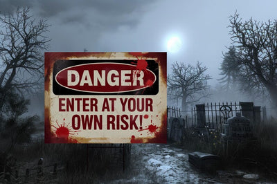 Enter At Your Own Risk Yard Sign, Bloody Halloween Horror Sign, Scary Outdoor Decoration, Haunted Party Lawn Sign with Metal H-Stake