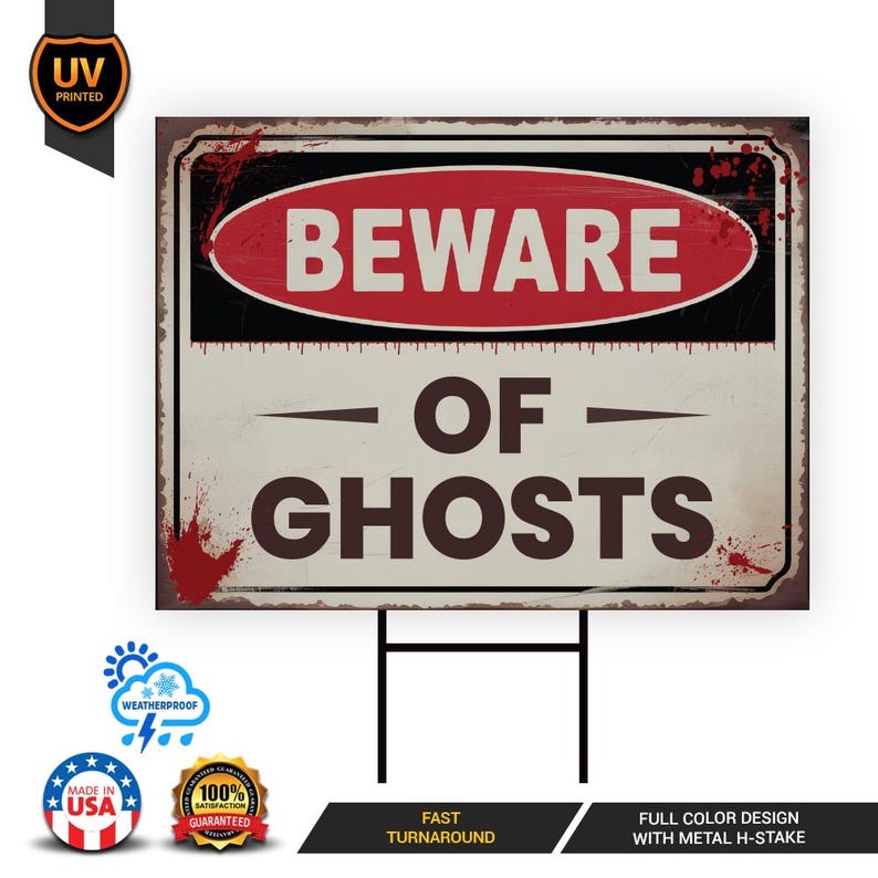 Beware of Ghosts Yard Sign, Keep Out Halloween Lawn Decoration, Scary Spooky Outdoor Decor, Creepy Circus Warning Sign with Metal H-Stake