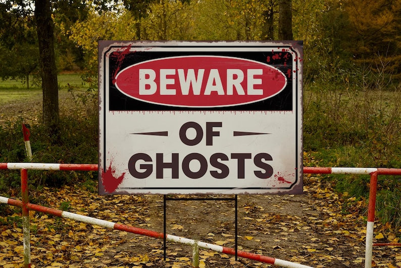 Beware of Ghosts Yard Sign, Keep Out Halloween Lawn Decoration, Scary Spooky Outdoor Decor, Creepy Circus Warning Sign with Metal H-Stake