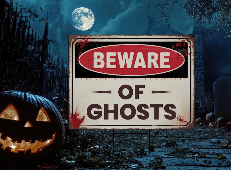 Beware of Ghosts Yard Sign, Keep Out Halloween Lawn Decoration, Scary Spooky Outdoor Decor, Creepy Circus Warning Sign with Metal H-Stake