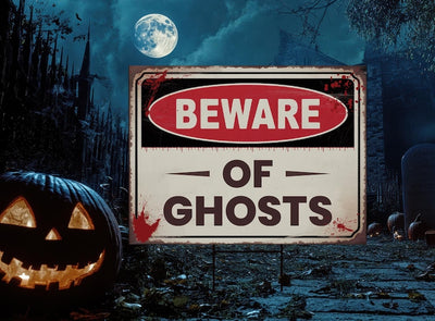 Beware of Ghosts Yard Sign, Keep Out Halloween Lawn Decoration, Scary Spooky Outdoor Decor, Creepy Circus Warning Sign with Metal H-Stake