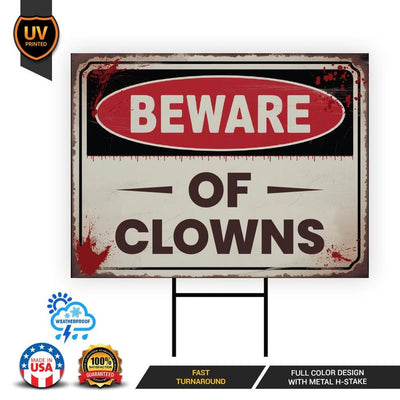 Beware of Clowns Yard Sign, Keep Out Halloween Lawn Decoration, Scary Spooky Outdoor Decor, Creepy Circus Warning Sign with Metal H-Stake