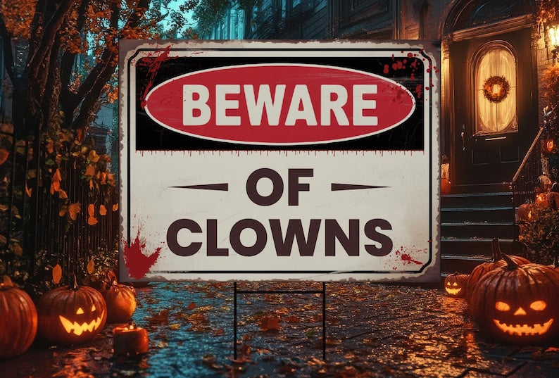 Beware of Clowns Yard Sign, Keep Out Halloween Lawn Decoration, Scary Spooky Outdoor Decor, Creepy Circus Warning Sign with Metal H-Stake