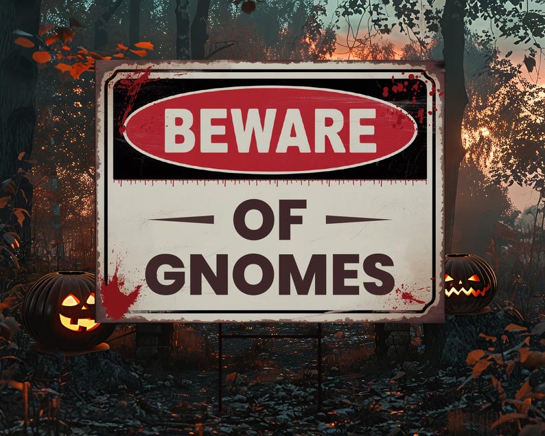 Beware of Gnomes Yard Sign, Keep Out Halloween Lawn Decoration, Scary Spooky Outdoor Decor, Creepy Circus Warning Sign with Metal H-Stake