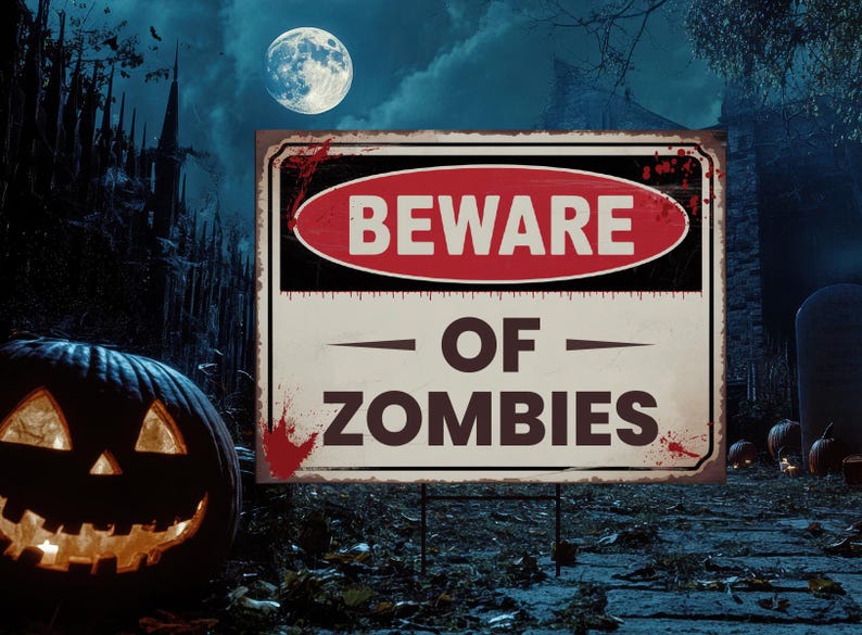 Beware of Zombies Yard Sign, Keep Out Halloween Lawn Decoration, Scary Spooky Outdoor Decor, Creepy Circus Warning Sign with Metal H-Stake