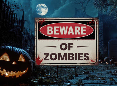 Beware of Zombies Yard Sign, Keep Out Halloween Lawn Decoration, Scary Spooky Outdoor Decor, Creepy Circus Warning Sign with Metal H-Stake
