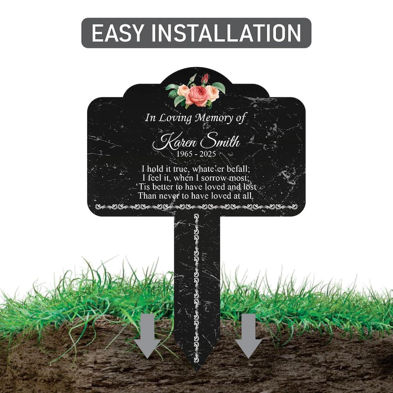 Personalized In Loving Memory Floral Memorial Yard Sign 10” x 14”, Rust-free Aluminum Tree Marker, Outdoor Garden Sign with Integrated Stake
