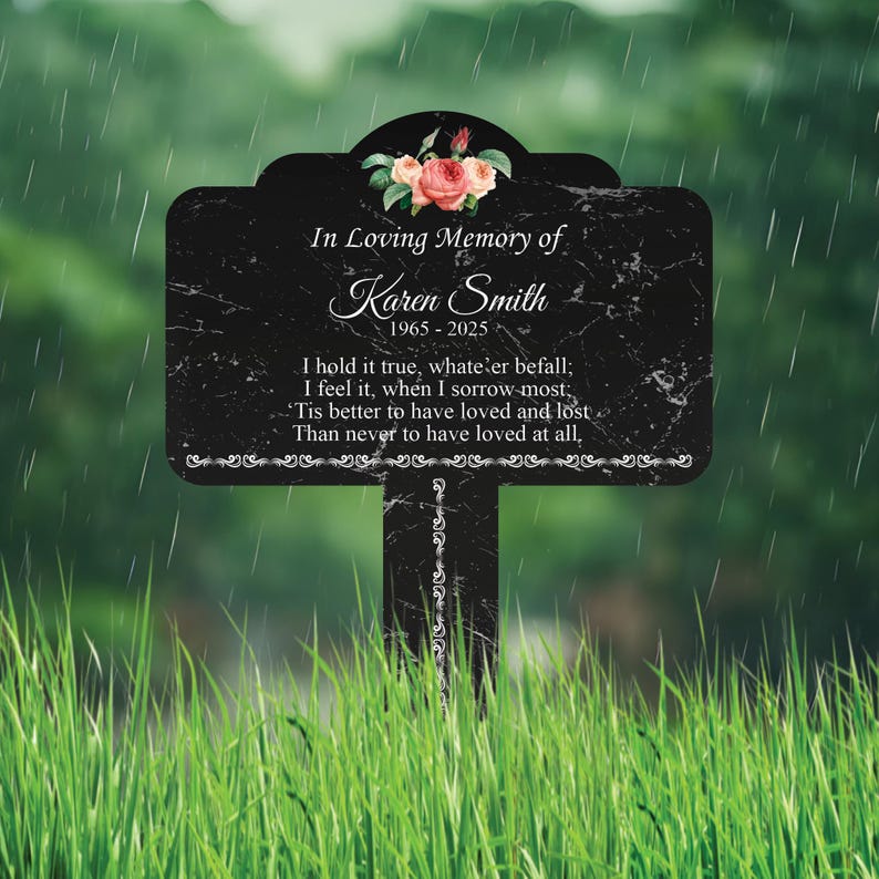 Personalized In Loving Memory Floral Memorial Yard Sign 10” x 14”, Rust-free Aluminum Tree Marker, Outdoor Garden Sign with Integrated Stake