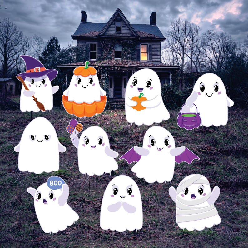 Ghost Halloween Yard Signs, Corrugated Plastic Scary Lawn Decorations with Stakes, Outdoor Spooky Ghost Signs for Halloween Front Yard Decor