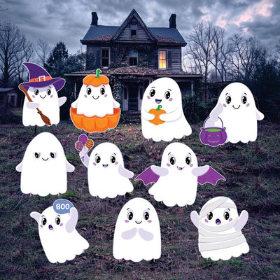 Ghost Halloween Yard Signs, Corrugated Plastic Scary Lawn Decorations with Stakes, Outdoor Spooky Ghost Signs for Halloween Front Yard Decor