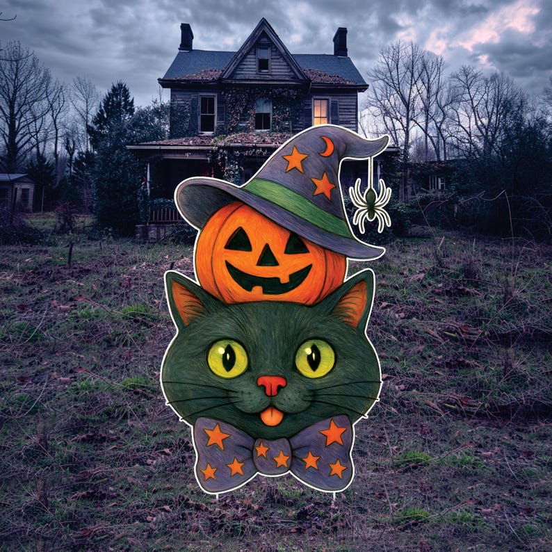 Cute Black Cat Pumpkin Halloween Yard Sign with Stakes, Outdoor Jack-O'-Lantern Lawn Decoration for Porch, Patio, or Garden Party Décor