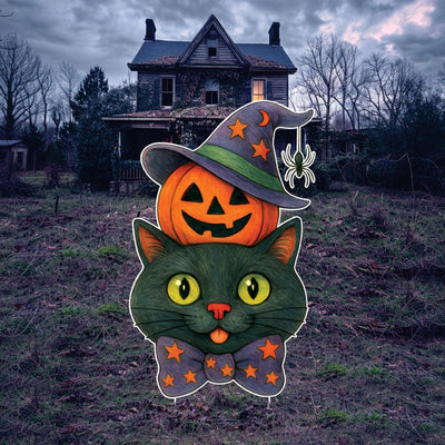 Cute Black Cat Pumpkin Halloween Yard Sign with Stakes, Outdoor Jack-O'-Lantern Lawn Decoration for Porch, Patio, or Garden Party Décor