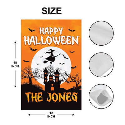 Personalized Happy Halloween Garden Flag, Flying Witch Yard Flag, Haunted Castle Fall Decor, Spooky Family Name Sign, Welcome Outdoor Flag