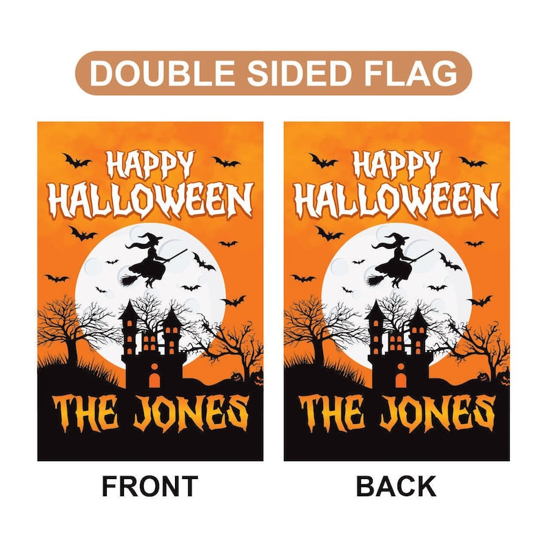 Personalized Happy Halloween Garden Flag, Flying Witch Yard Flag, Haunted Castle Fall Decor, Spooky Family Name Sign, Welcome Outdoor Flag