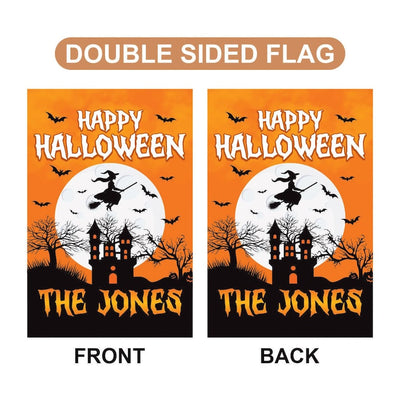 Personalized Happy Halloween Garden Flag, Flying Witch Yard Flag, Haunted Castle Fall Decor, Spooky Family Name Sign, Welcome Outdoor Flag