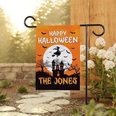 Personalized Happy Halloween Garden Flag, Flying Witch Yard Flag, Haunted Castle Fall Decor, Spooky Family Name Sign, Welcome Outdoor Flag