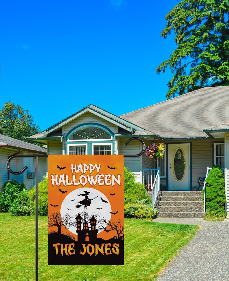 Personalized Happy Halloween Garden Flag, Flying Witch Yard Flag, Haunted Castle Fall Decor, Spooky Family Name Sign, Welcome Outdoor Flag