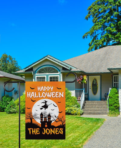 Personalized Happy Halloween Garden Flag, Flying Witch Yard Flag, Haunted Castle Fall Decor, Spooky Family Name Sign, Welcome Outdoor Flag