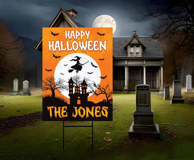 Personalized Halloween Yard Sign, Happy Halloween Witch Lawn Sign, Haunted House Fall Decor with Family Name, Outdoor Spooky Sign H-Stake