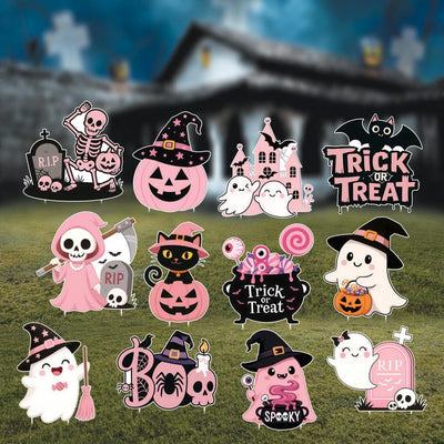 Pink Halloween Yard Signs, Cute Baby Shower Decorations with Pumpkin Cat Ghost Witch, Outdoor Boo Party Garden Stakes for Lawn, Patio Décor