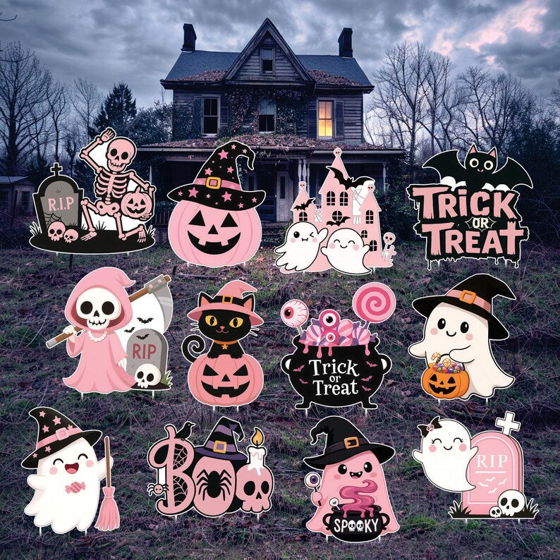 Pink Halloween Yard Signs, Cute Baby Shower Decorations with Pumpkin Cat Ghost Witch, Outdoor Boo Party Garden Stakes for Lawn, Patio Décor