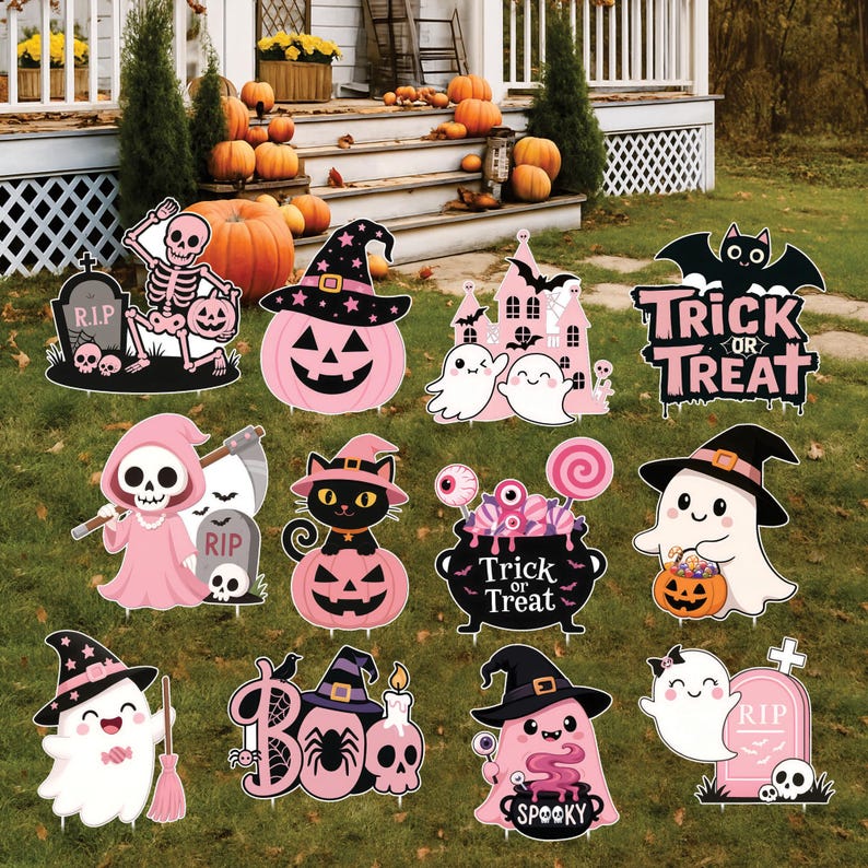 Pink Halloween Yard Signs, Cute Baby Shower Decorations with Pumpkin Cat Ghost Witch, Outdoor Boo Party Garden Stakes for Lawn, Patio Décor