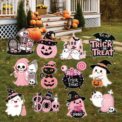 Pink Halloween Yard Signs, Cute Baby Shower Decorations with Pumpkin Cat Ghost Witch, Outdoor Boo Party Garden Stakes for Lawn, Patio Décor
